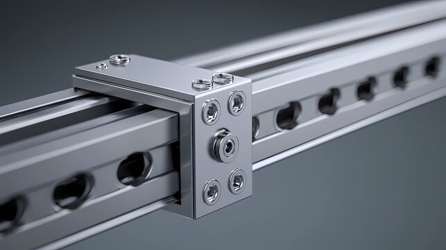 A close-up view of a metal linear rail system with a mounting block, showcasing precision engineering and mechanical components.