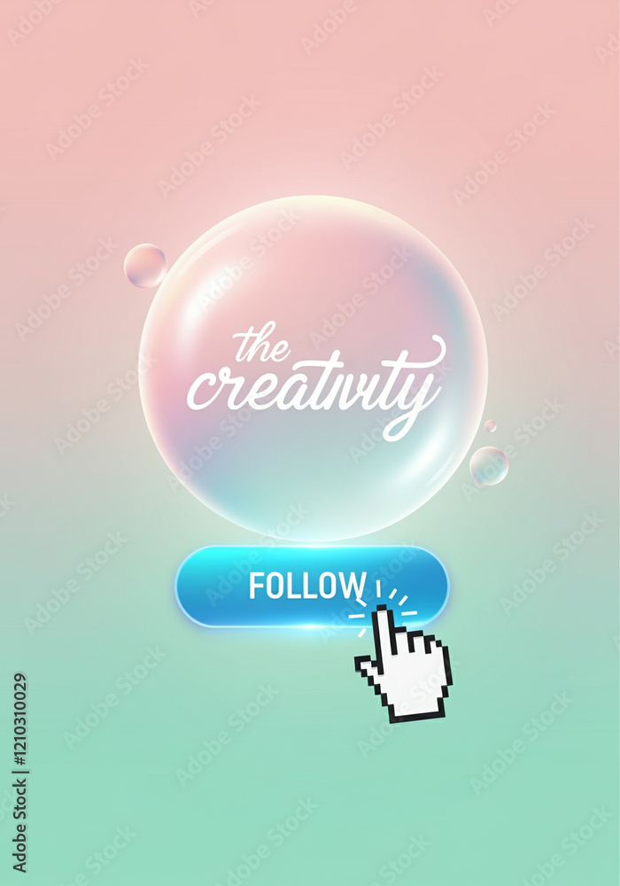 Poster button creativity follow button design with mouse cursor click action in a colorful background