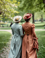 two sisters dressed in Victorian era clothing walk through green park in springtime. The women are dressed in stylish clothes, back side view, created with  Technology, retro style, with white tones