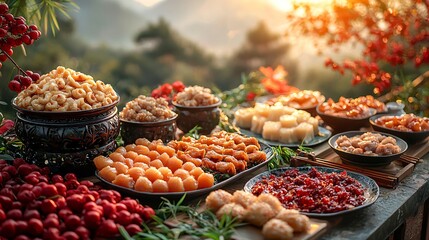 Delicious Asian Food Buffet Outdoor Setting