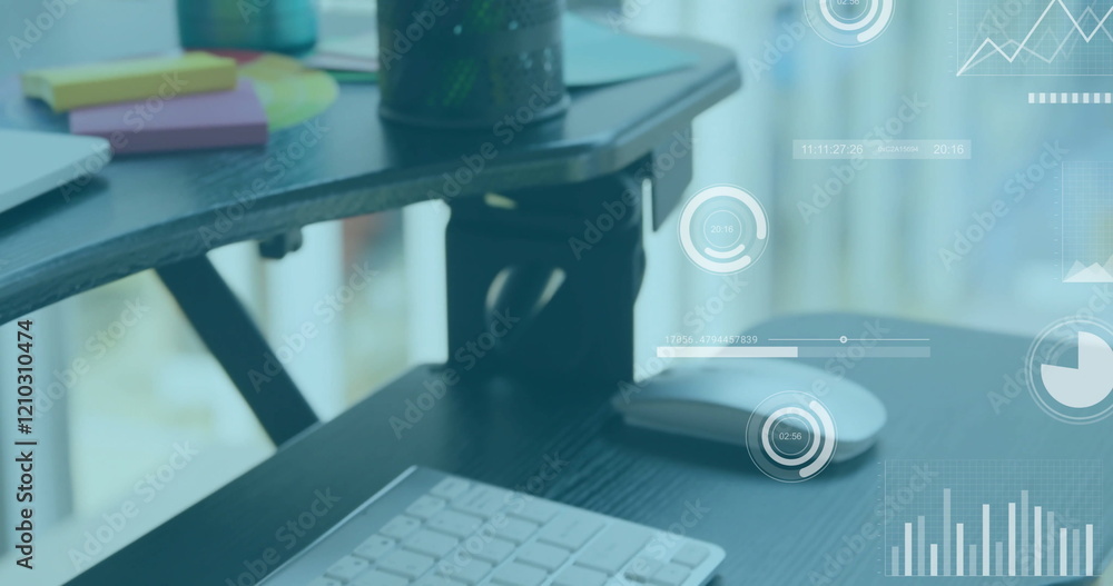 Poster image of financial data processing over desk with computer in office
