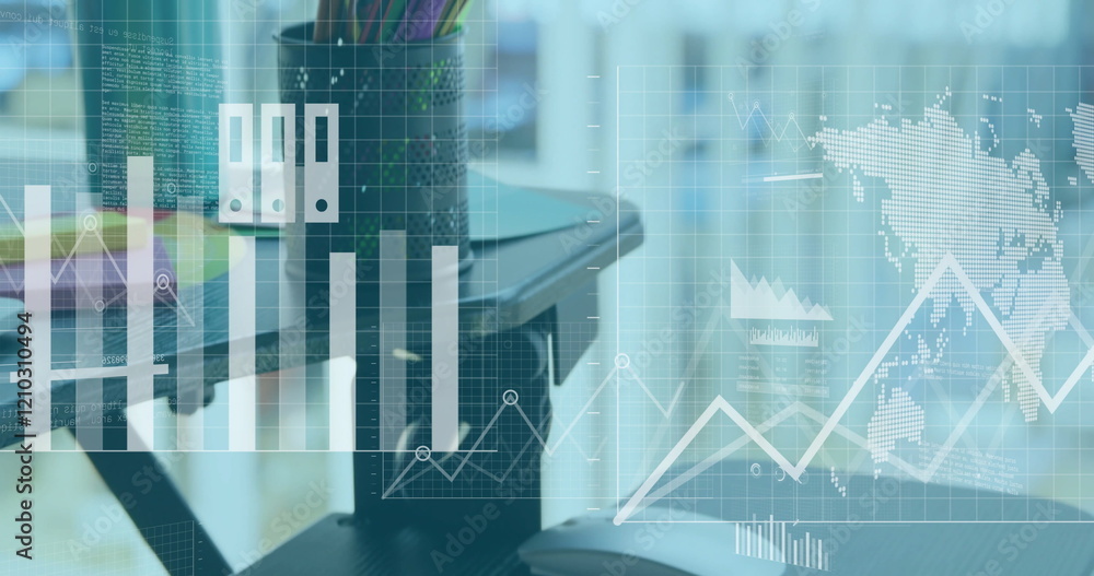 Poster image of financial data processing over desk with computer in office