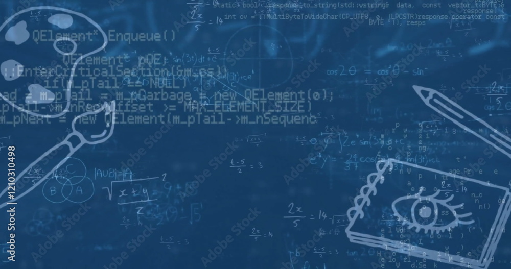 Poster image of school items and data processing over dark background