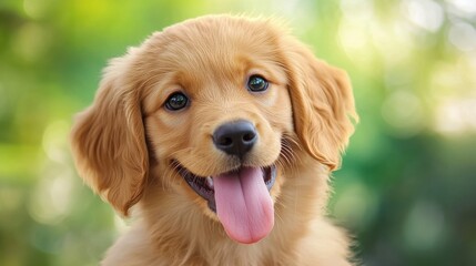 Happy Golden Retriever Puppy with Playful Expression and Green Background