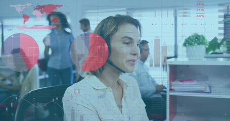 Image of financial data processing over caucasian businesswoman in office