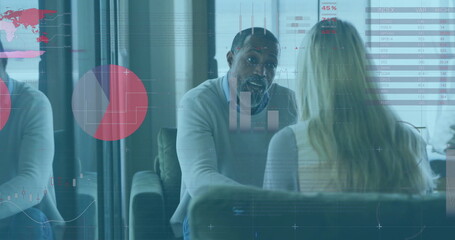 Image of financial data processing over diverse business people in office