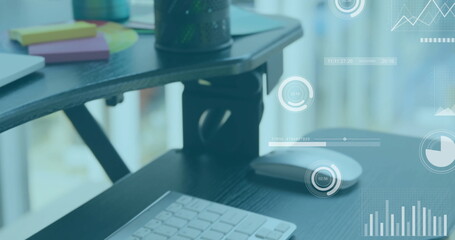 Image of financial data processing over desk with computer in office