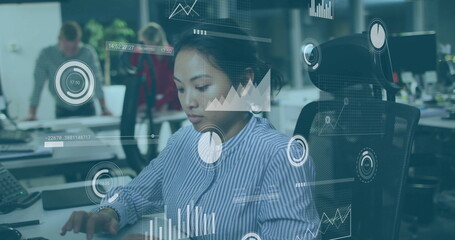 Image of financial data processing over asian businesswoman in office