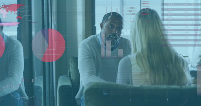 Image of financial data processing over diverse business people in office