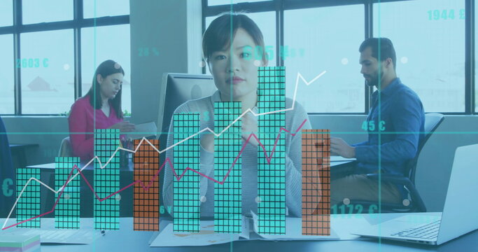 Image of financial data processing over asian businesswoman in office