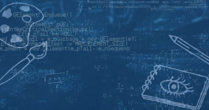 Image of school items and data processing over dark background