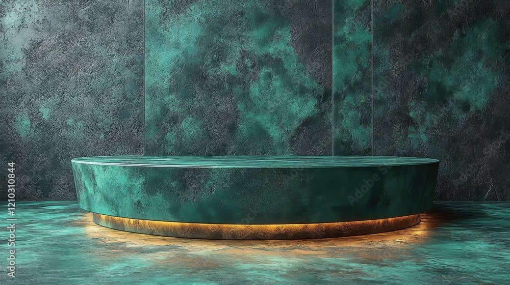Poster a modern, circular display platform with a textured teal surface and ambient lighting.