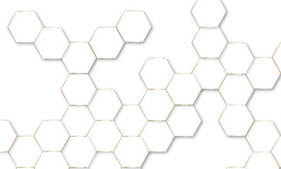 Luxury hexagonal abstract white background with golden light lines. Creative and decorative modern technological hexagon pattern background.