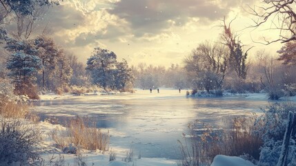 Fototapeta premium Winter Wonderland: People Ice Skating on a Frozen Lake in a Snowy Forest