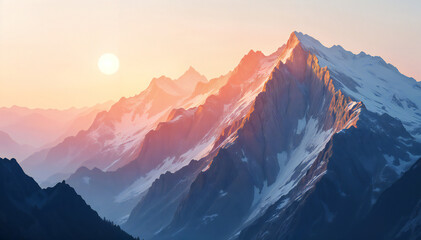 majestic mountain range during a sunrise. The peaks are covered in snow and the sun casts a warm glow