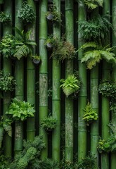 Obraz premium A unique vertical garden with vibrant green plants and ferns growing from repurposed industrial pipes. This image showcases eco-friendly innovation, sustainable design, and creative urban greening 