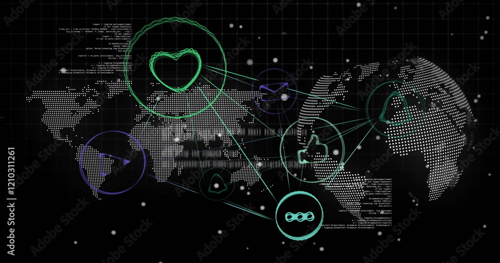 Aufkleber image of social media icons and data processing over globe and world map on dark background