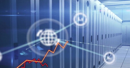 Image of data processing and network of connections over computer servers