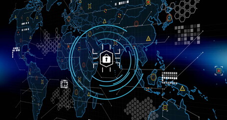 Image of padlock icon and computer data processing over dark background