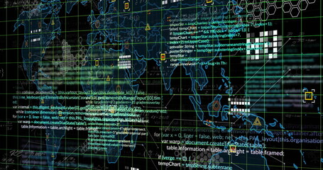 Image of world map and computer data processing over dark background