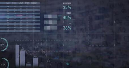 Image of financial data processing over cityscape