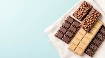 A delicious array of assorted chocolate bars on a light background.