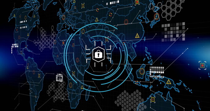 Image of padlock icon and computer data processing over dark background