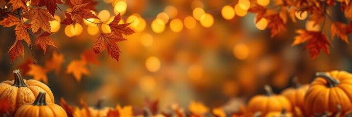 autumn background with pumpkins leaves and bokeh lights, natural elements, blurred background, autumn foliage