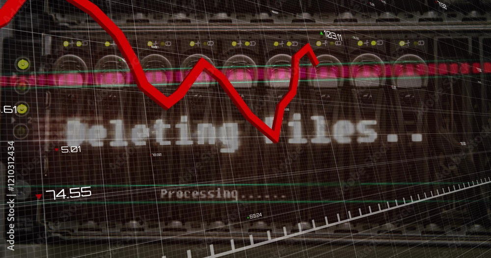 Poster image of red line and digital data processing over computer servers