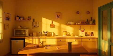 Sunny kitchen interior, morning light, table, calm background. Home d?cor