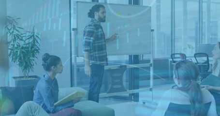 Image of financial data processing over diverse business people in office