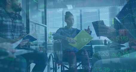 Image of financial data processing over diverse business people in office