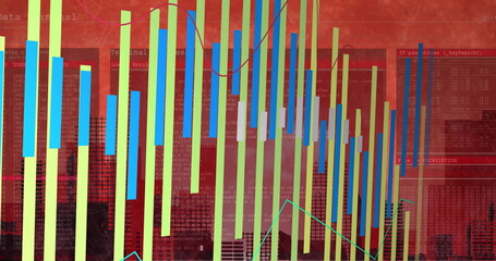 Image of business data processing over cityscape