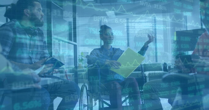 Image of financial data processing over diverse business people in office