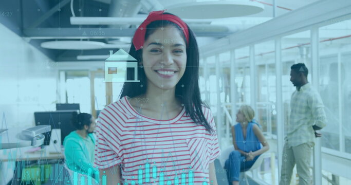 Image of financial data processing over biracial businesswoman in office