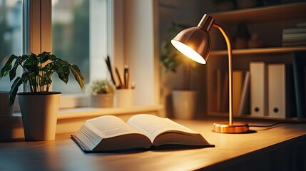 Elegant desk setup with a copper lamp, softly illuminating an open book, creating a warm and inviting study environment.