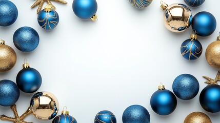 Elegant display of blue and gold Christmas balls in a flat lay style on a white backdrop, perfect for seasonal promotions or designs.