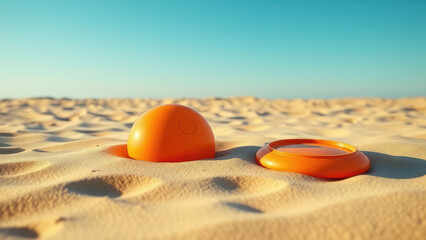 Obraz premium Beach scene with a beach ball lying in the sand and a frisbee nearby, sandy beach, beach ball, beach toys, sunny day