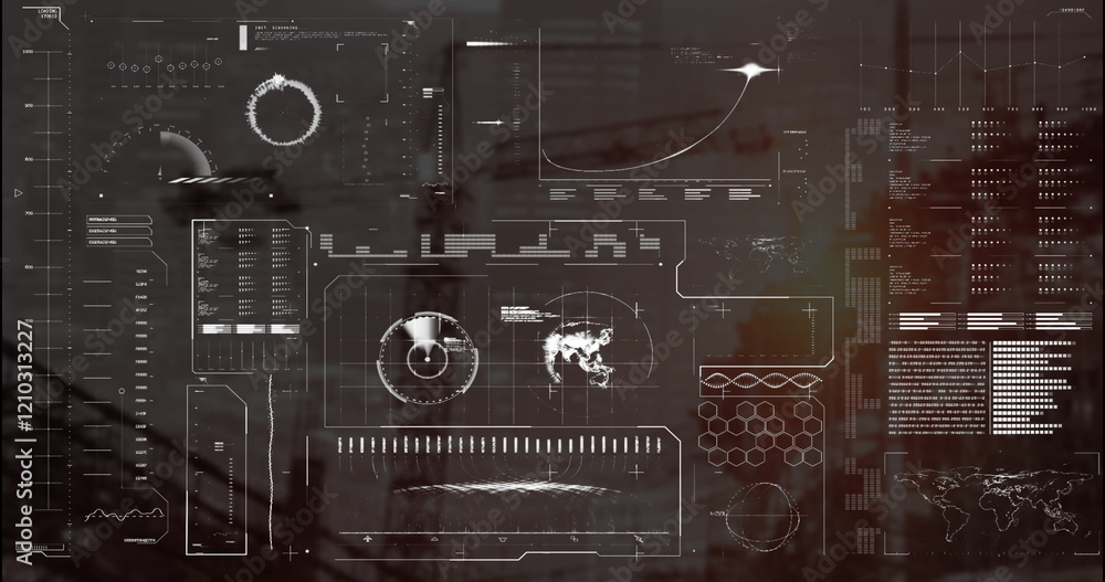Poster image of data processing and diagrams over cityscape
