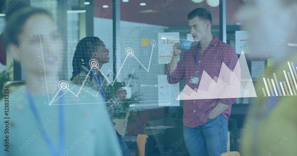 Poster image of data processing and diagrams over diverse colleagues discussing work