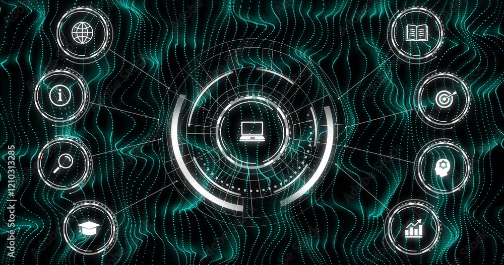 Aufkleber image of scope scanning with icons over lines on black background