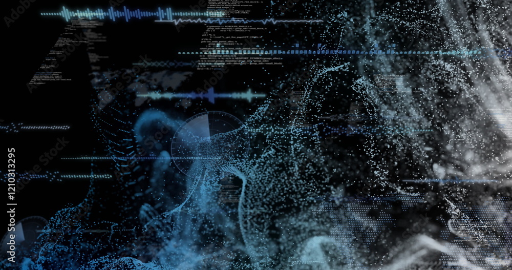 Poster image of data processing over light spots and shapes on black background