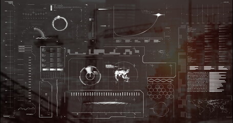 Image of data processing and diagrams over cityscape