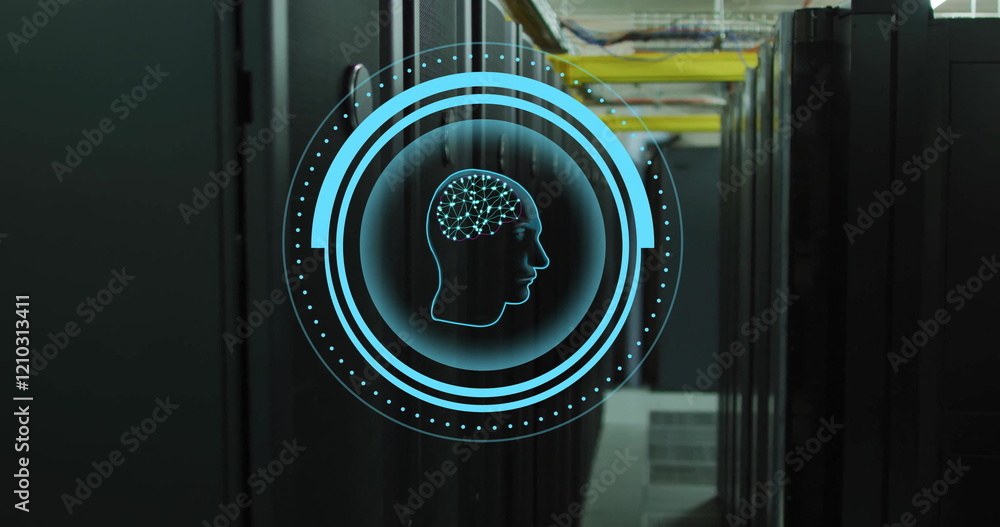 Poster image of ai brain and data processing over computer servers