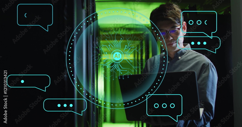 Poster image of ai text and data over asian it man by computer servers