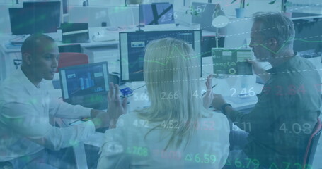 Image of financial data processing over diverse business people in office