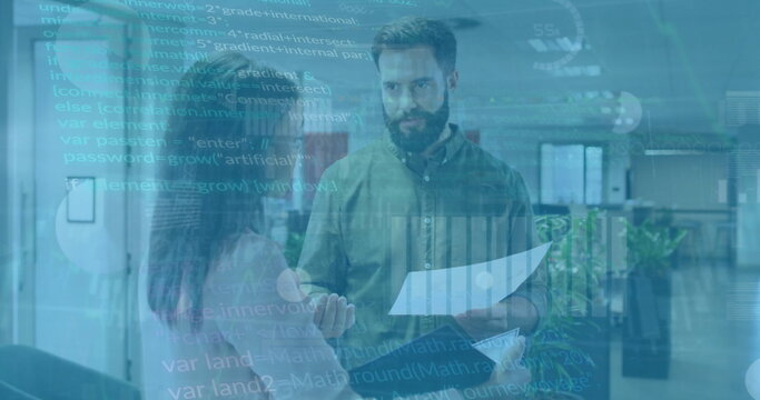 Image of financial data processing over diverse business people in office