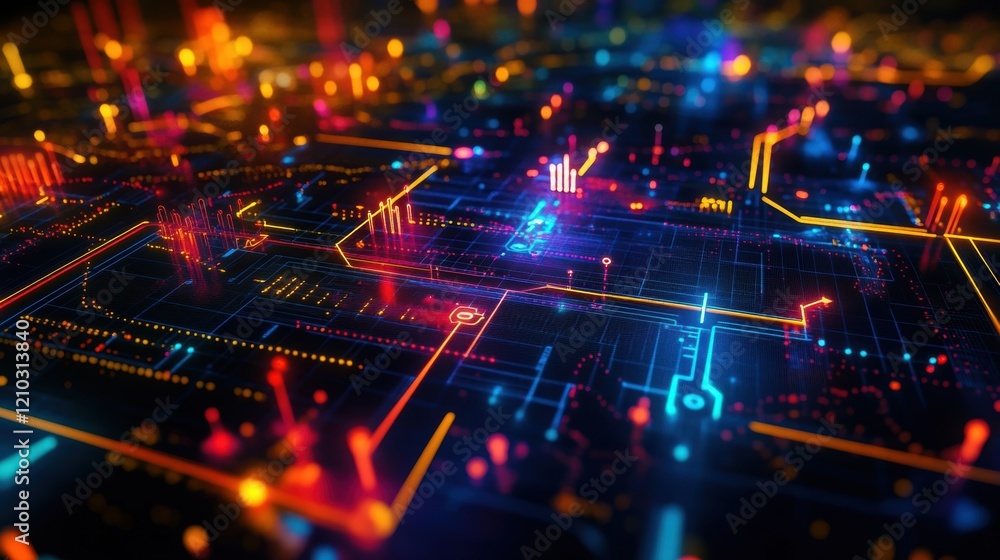 Poster complex network of interconnected circuits and nodes transmitting data, visualized with vibrant neon
