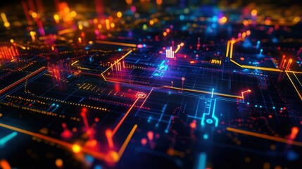 Complex network of interconnected circuits and nodes transmitting data, visualized with vibrant neon colors, creating a futuristic technological landscape
