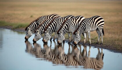 Five Zebras Drinking at Waterhole African Wildlife Photography